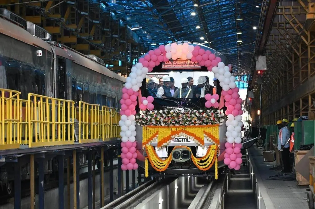 BEML Pink Line train set rolling out from Kothanur Depot for Namma Metro Phase 2
