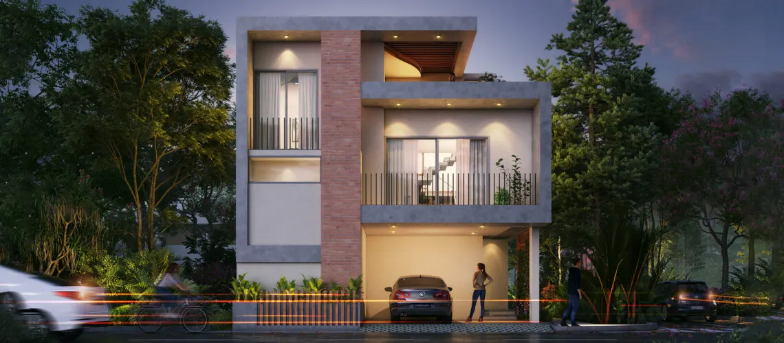 A modern family villa at dusk in a leafy Bangalore gated community