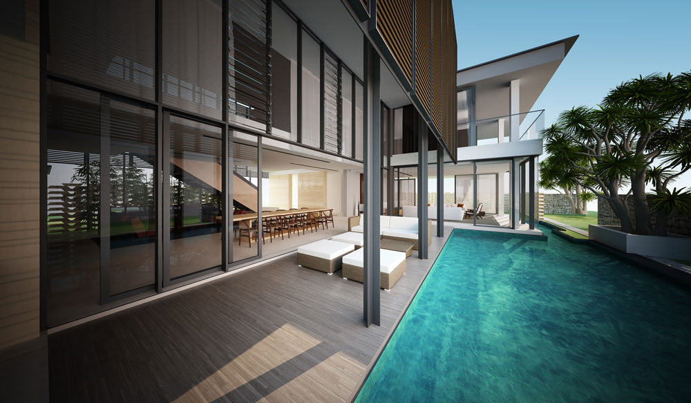 A modern luxury villa with a private pool and floor-to-ceiling glass in a green Bangalore community