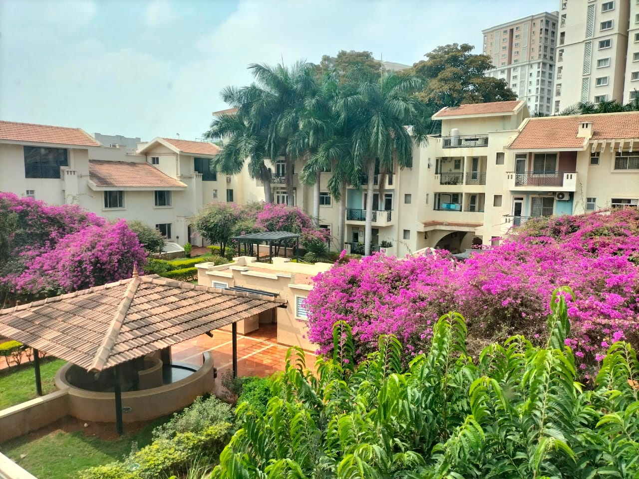 A landscaped gated-community courtyard with low-rise homes and bougainvillea in East Bangalore