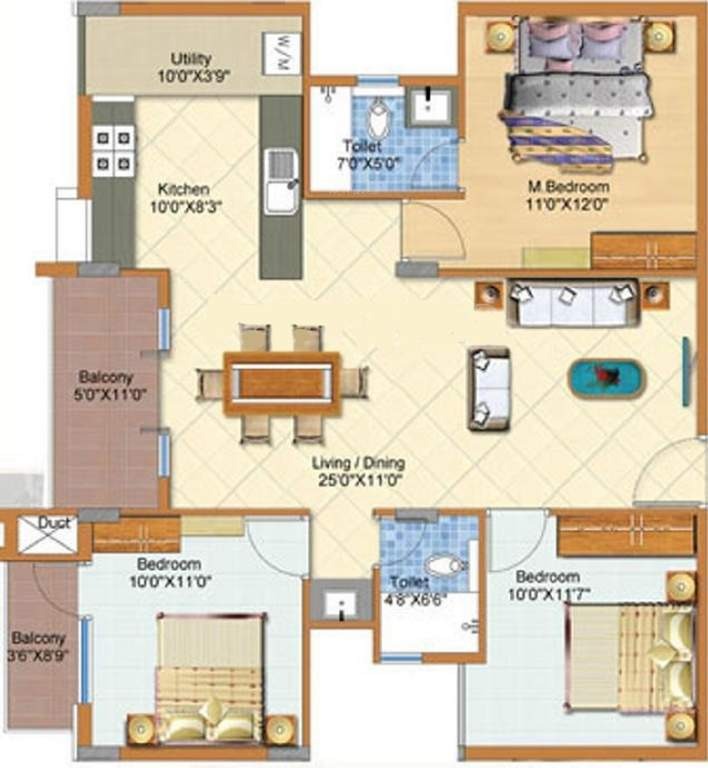 Arun Patios | 3 BHK Apartment | 1270 Sq. Ft.