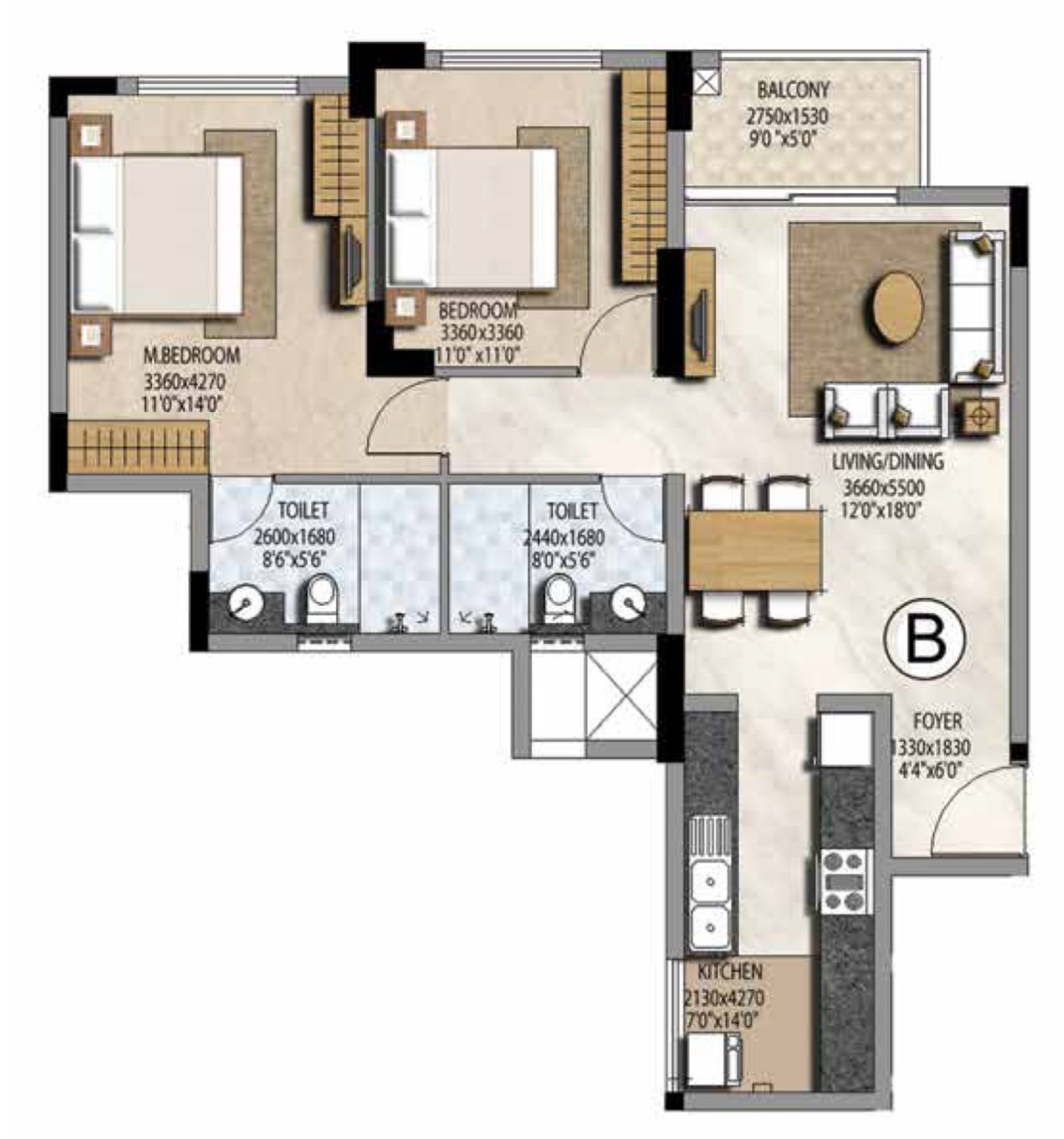 Prestige Misty Waters | 2 BHK Apartment | 1,138 Sq. Ft.